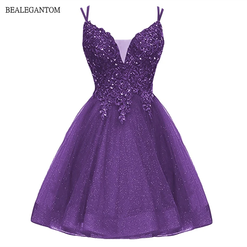 Bealegantom Short Homecoming Dresses V Neck Glitter Lace Applique Formal Cocktail Graudation Prom Party Gowns QA2022-9