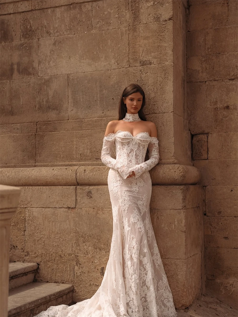 

Customized Elegant White Lace Wedding Dress Formal Sweetheart Long Sleeves Bridal Gown Dreamy Mermaid Court Train Robe de mariée