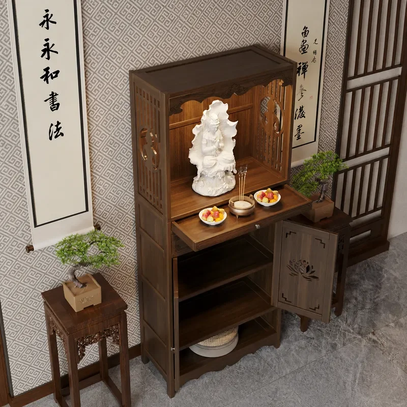 Buddhist Shrine Cabinet Wooden Altar Table for Guanyin Buddha Statue God of Wealth Incense Burner Holder Home Worship