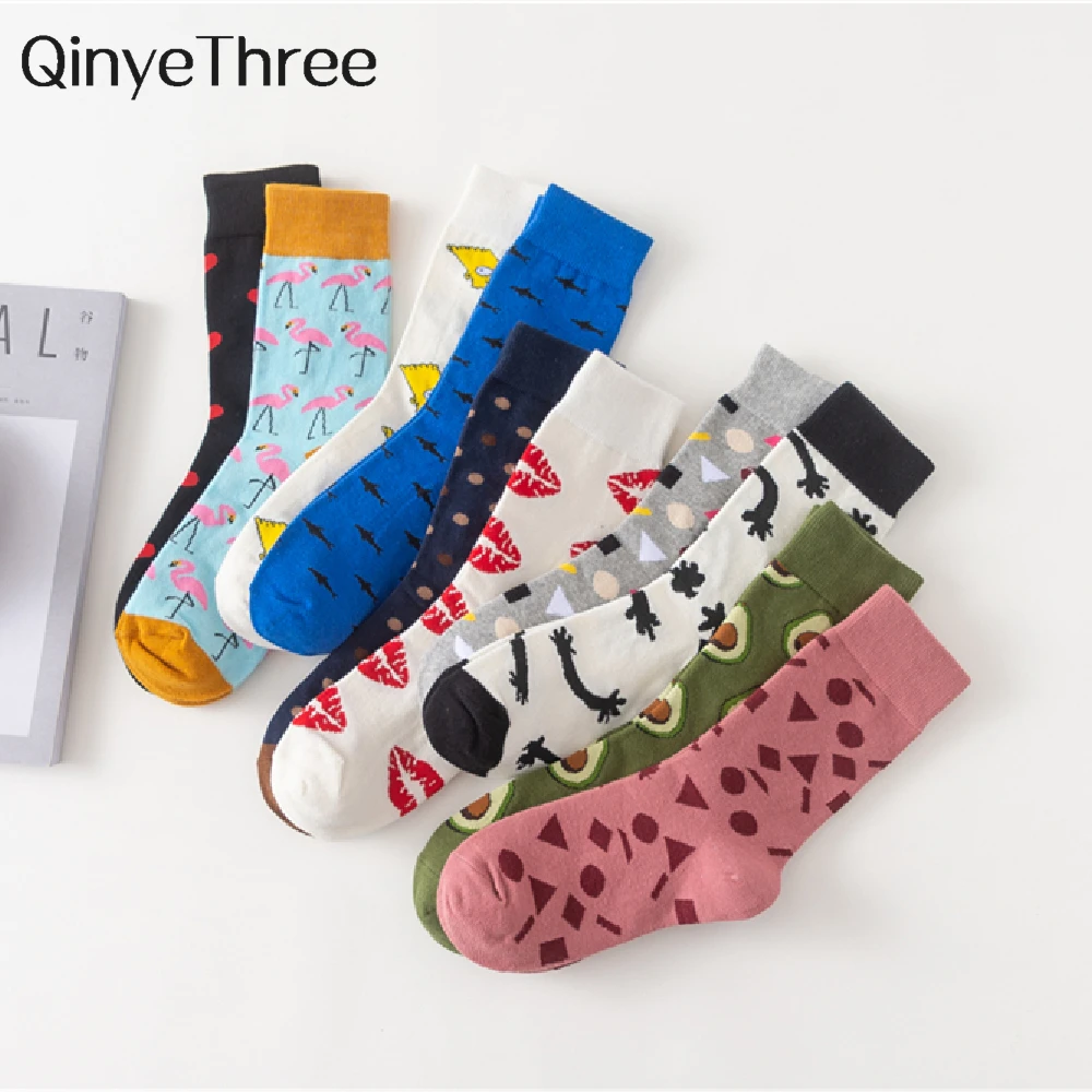 

Women's Japanese Colorful Cartoon Mid Tube Socks Unisex Cute Funny Happy Red Lip Heart Avocado Flamingo Sokken Christmas Gift