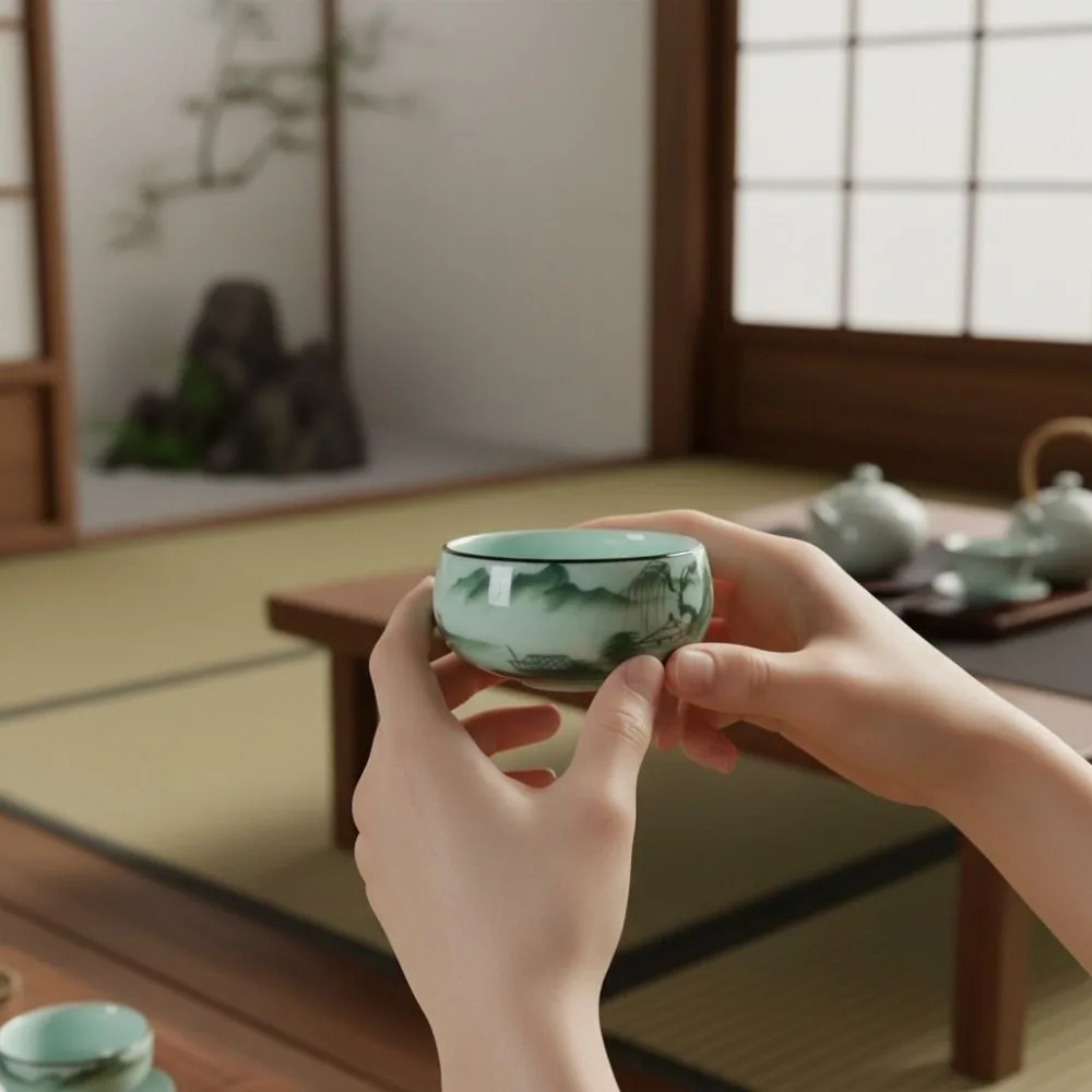 Hand-painted Landscape Pattern Chinese Traditional Celadon Teacup Double-fish Ceramic Master Cup 55 ML Vintage Tea Bowl