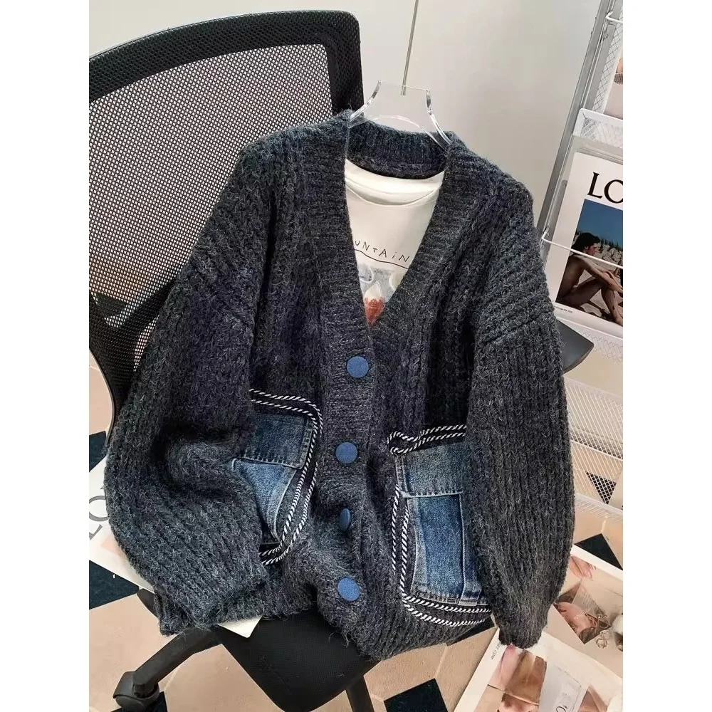 

Extra Large 300 Pou Denim Patchwork Open Cardigan Sweater Men Autumn Winter Vintage Lazy Loose Long Sve Knitted Jaet