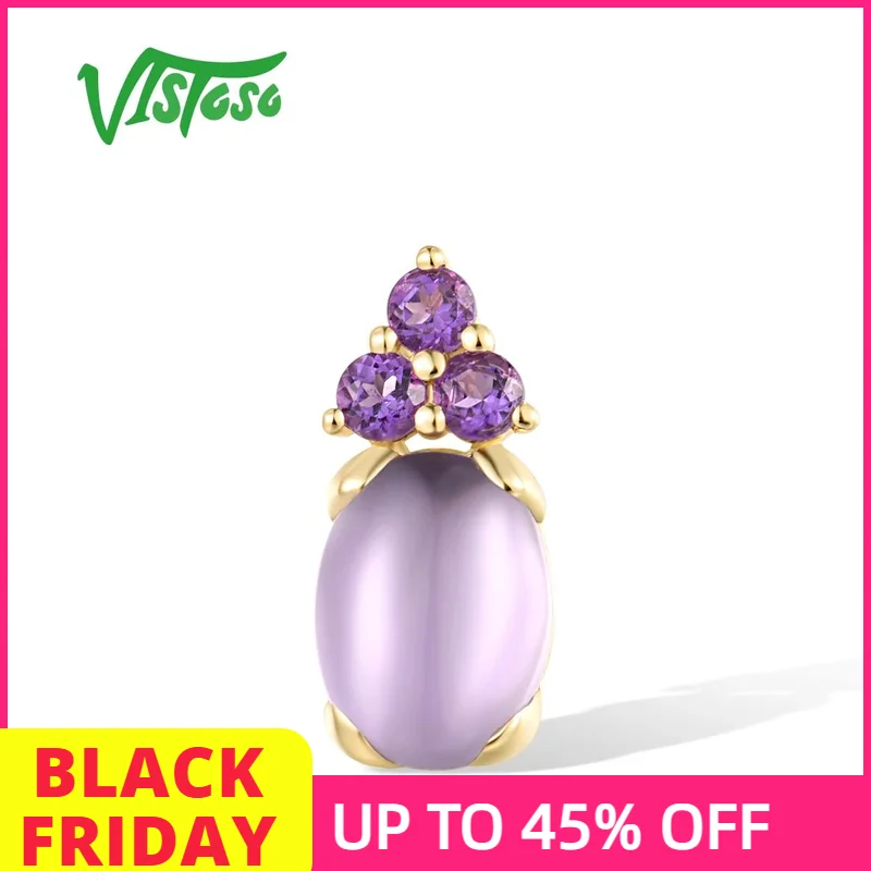 

VISTOSO Pure 14K 585 Yellow Gold Pendant For Women Genuine Amethyst Simple Oval Wedding Party Gifts Fine Jewelry Set Handmade