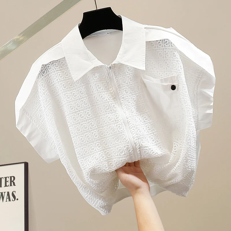 

Faionable Hollow out Hook Embroidery Soluble Lace Patchwork Dstring Loose ort Sve irt Fake ket Casual Top