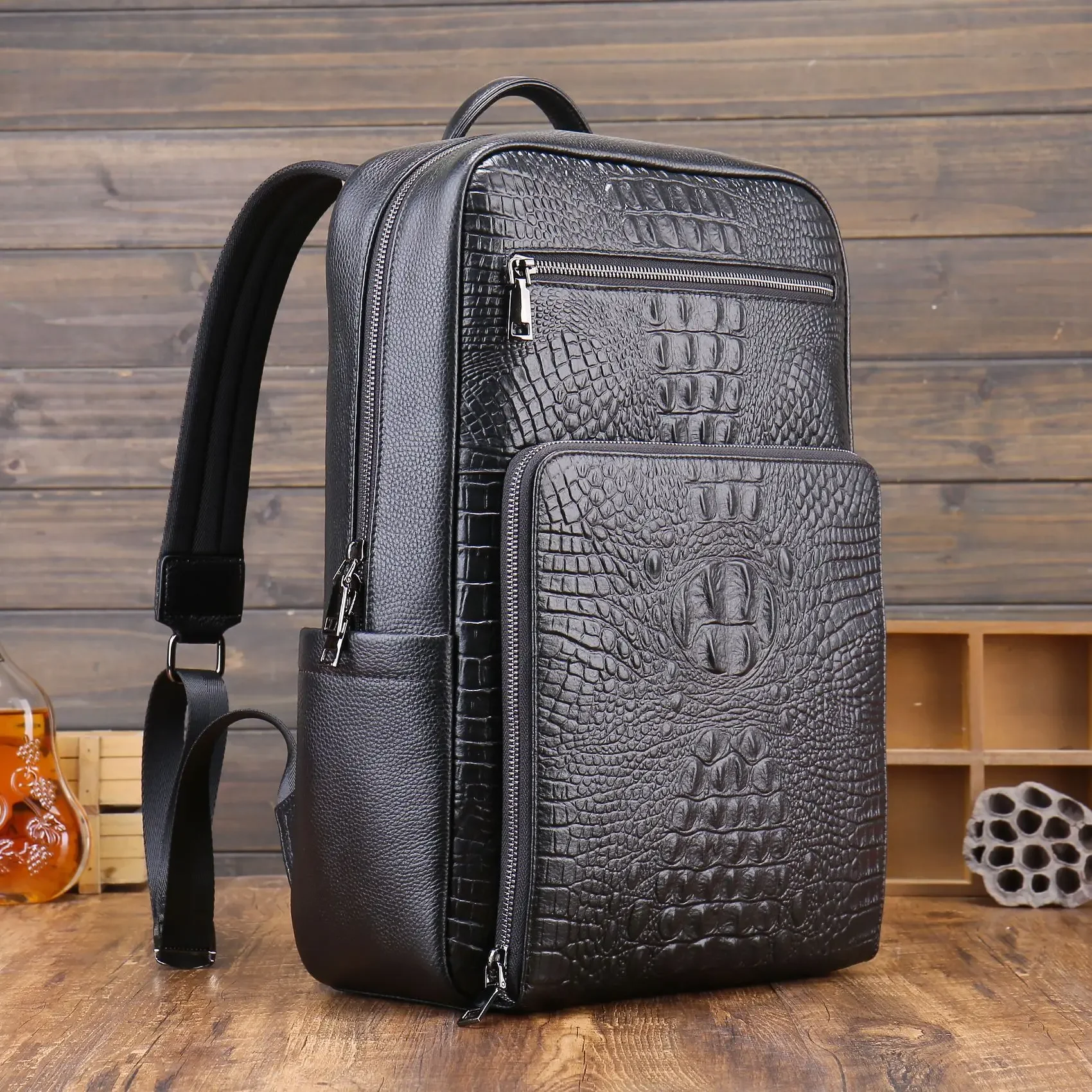 New Brand Alligator Genuine Leather Men Backpacks Real Natural Leather Student Backpack Boy Luxury Business Laptop School Bag