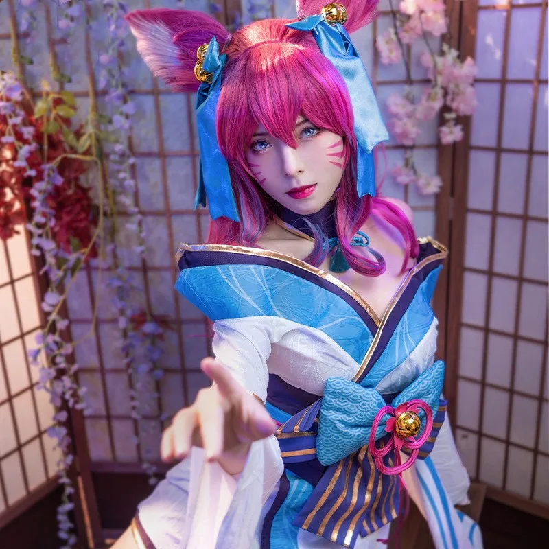 LOL Spirit Blossom Ahri Cosplay para mulheres, jogo de peruca, quimono, hanfu, conjunto completo, vestido chinês