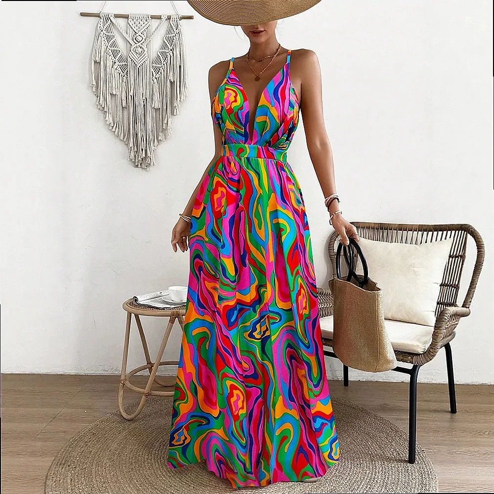 Backless Rainbow Print Loose Long Dress, Bohemian Maxi Dresses for Women, Summer Casual Sundress