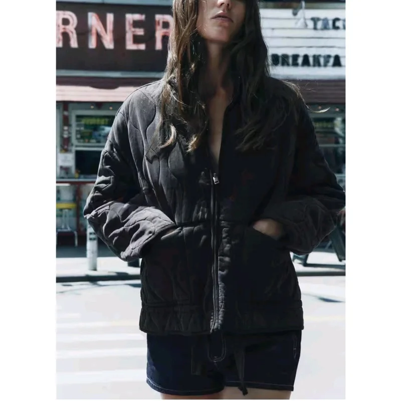

Warm Cotton Jaet Women's Spring New f High Collar Coat ZA Brand Straight Leg Length Sve Zipper Pure Color Commute Sle