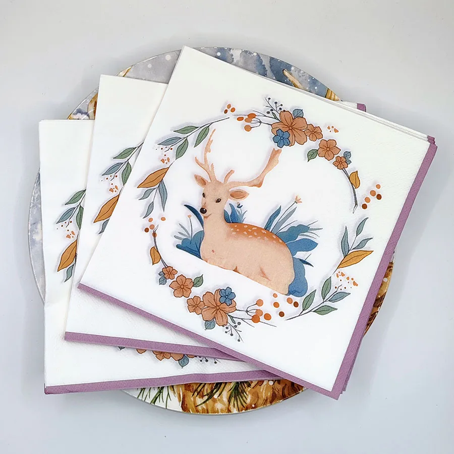 10/20 قطعة مناديل مطبوعة على شكل غزال إكليل الزهور، مناديل ورقية من الدرجة لحفلات موضوع الغابات، عيد الميلاد، عيد الميلاد، زينة الزفاف