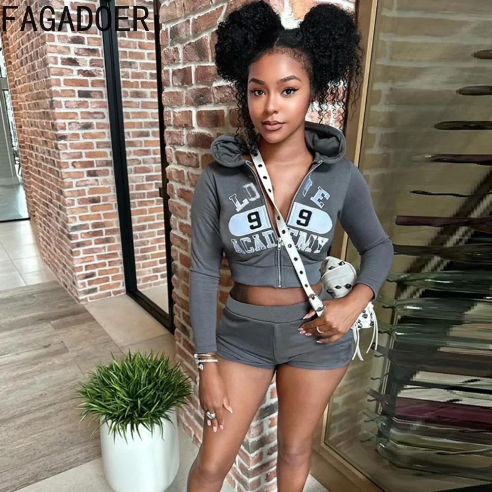 FAGADOER Autumn New Letter Print Hooded Two Piece Sets For Women Zipper Long Sleeve Crop Top And Shorts Outfits Female Tracksuit