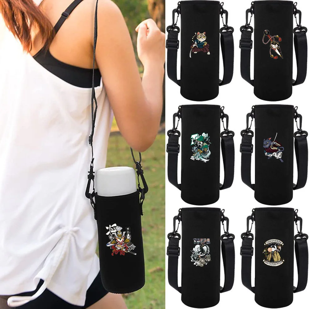 550-1500ML Insulated Water Bottle Sleeve Bag Cover Samurai Pattern Adjustable Strap Water Cup Case Outdoor Travel Accessories