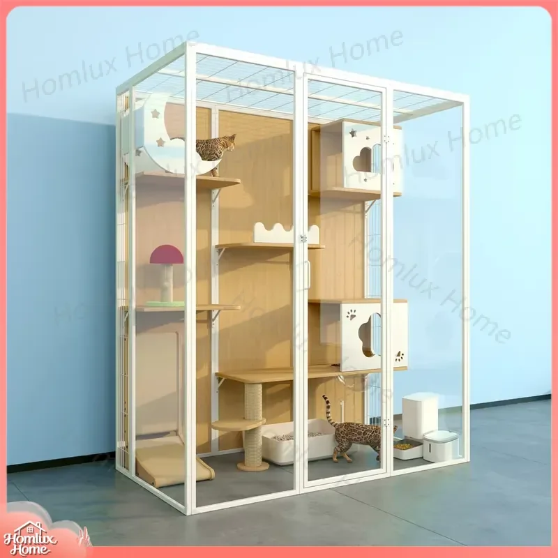 Large Modern Wooden Cat Cage Villa Indoor Pet House Cabinet Nest Furniture Room for Cats Kittens Luxury Multi Level Condo Bed