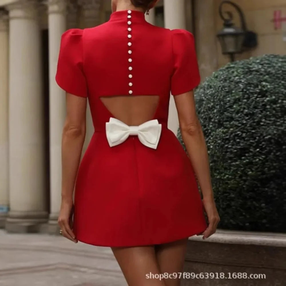 Women Summer New European Style Red Stand Collar Bow Decor Dress Elegant Party Ladies Soft Breathable Comfy New