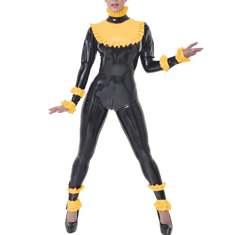 

Black Yellow Sexy Latex Catsuit With Double Layer Ruffles Zipper Rubber Bodysuit Zentai Overall Jumpsuit Jumper 5XL Choose 372