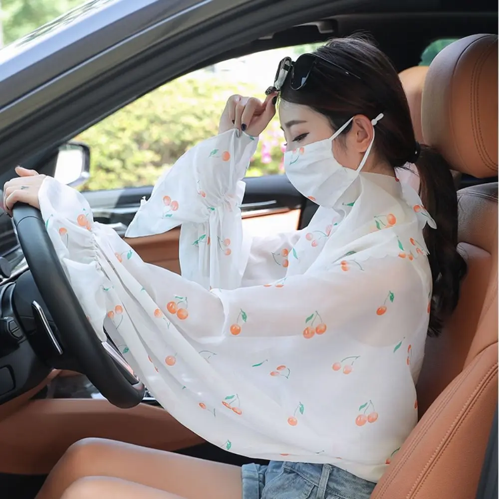 Cooling Sleeves ฤดูร้อนครีมกันแดดแขนดอกไม้โปร่งใสแขนแขนแขนยาวพร้อมหน้ากาก Veil ผู้หญิงผ้าคลุมไหล่ชีฟอง