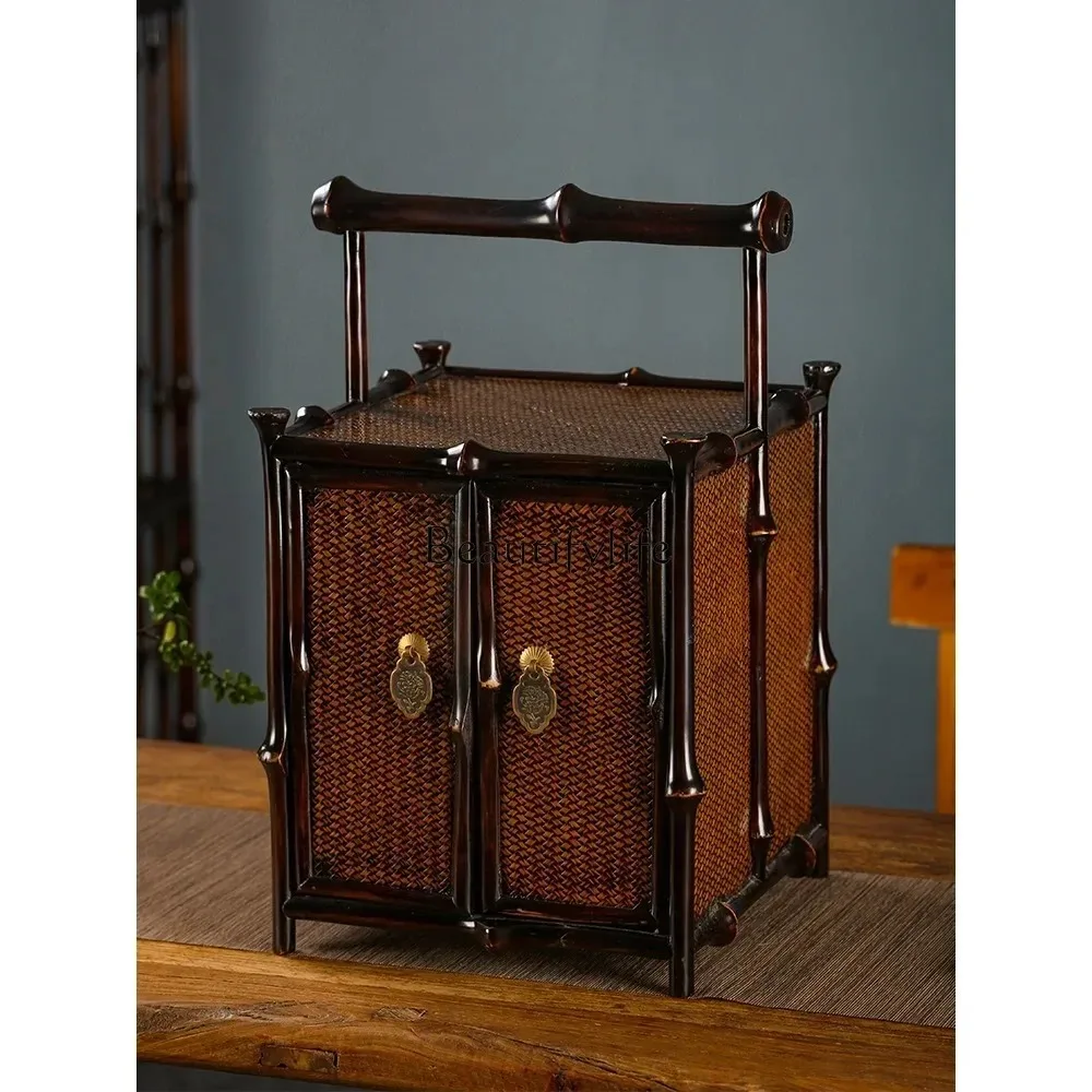 

Zizhu tea shed desktop Ming-style tea cabinet tea set storage cabinet with drawer bamboo woven carrying box