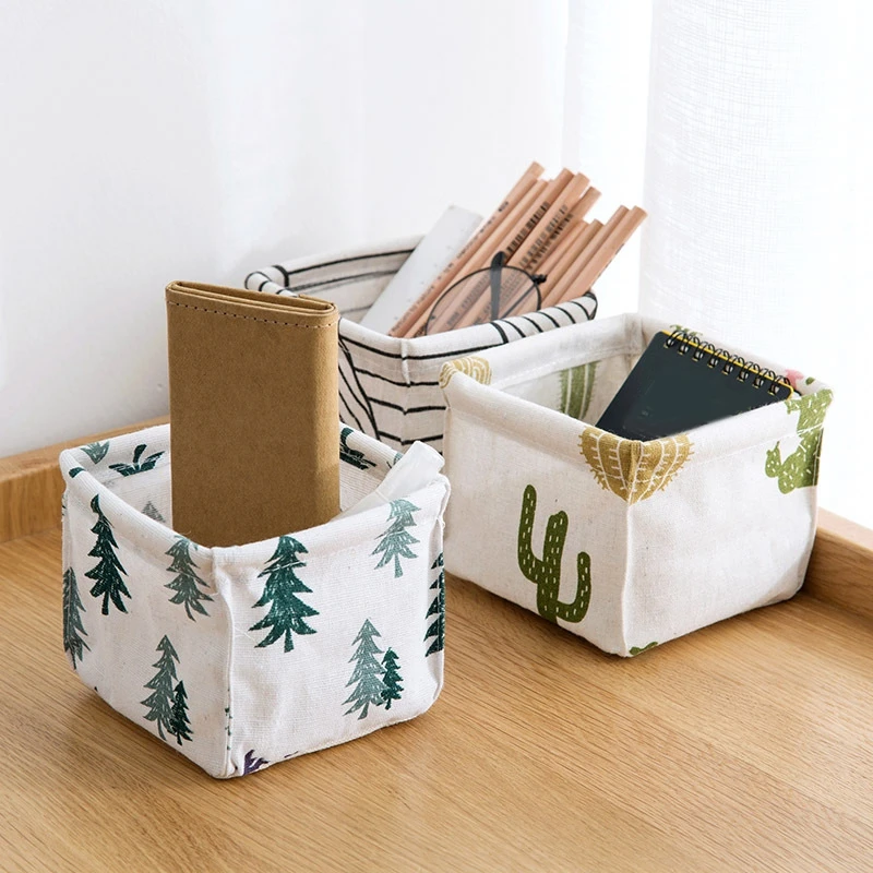 Cotton Linen Desktop Storage Basket Foldable Sundry Bin Underwear Makeup Organizer Storage Box Desk Stationery Storage Container