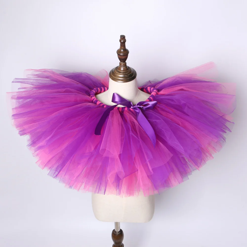 Purple Striped Cheshire Cat Costume Girls Tulle Tutu Skirt Hot Pink Kids Toddler Halloween Carnival Party Tutus Dress Up Outfit