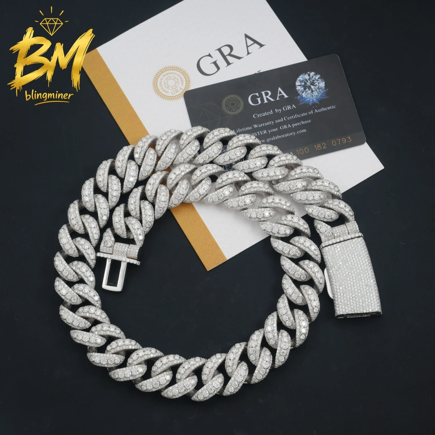 Blingminer 20mm VVS Moissanite Chain Iced Out Necklaces For Men Brass Cuban Chain Pass Diamonds Tester With GRA Free Shipping