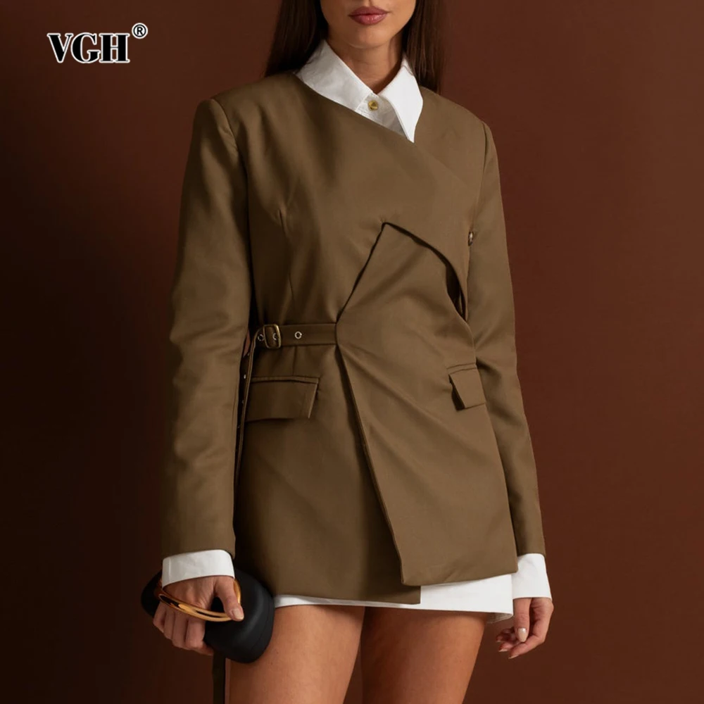 

VGH Зеленые элегантные офисные куртки для женщин с v-образным вырезом и длинными рукавами в стиле пэчворк на шнуровке для похудения, минималистичный дизайнерский стиль, женские пальто