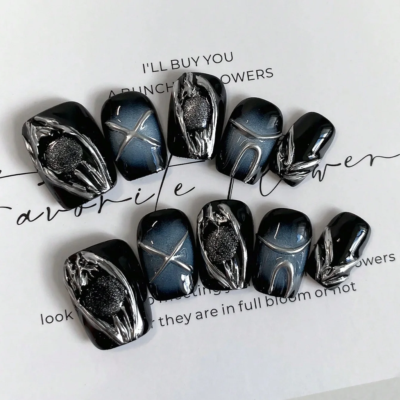 Short Square 10Pcs Press On Nails, Black Blue Gradient Silver Metal Cross Texture False Nails, Cool Daily Handmade Reusable Nail