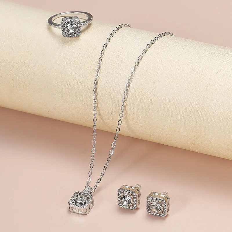 4Pcs Luxury Shiny Square Inlay Zircon Pendant Necklace Earrings Ring For Women Trendy Metal Jewelry Set Gift Party Anniversary