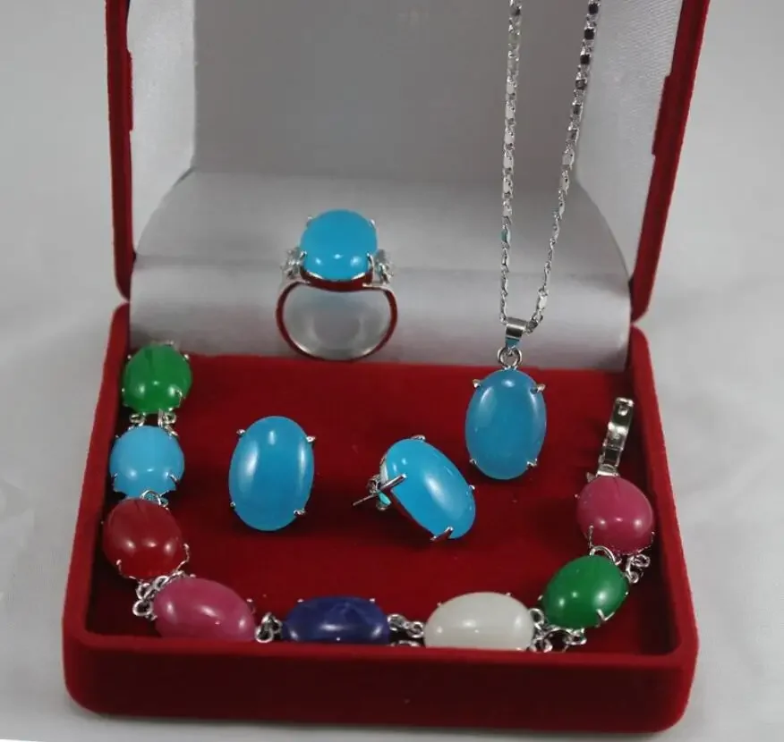 

Модный посеребренный семицветный нефритовый браслет в форме яйца + кулон + серьги + комплект колец