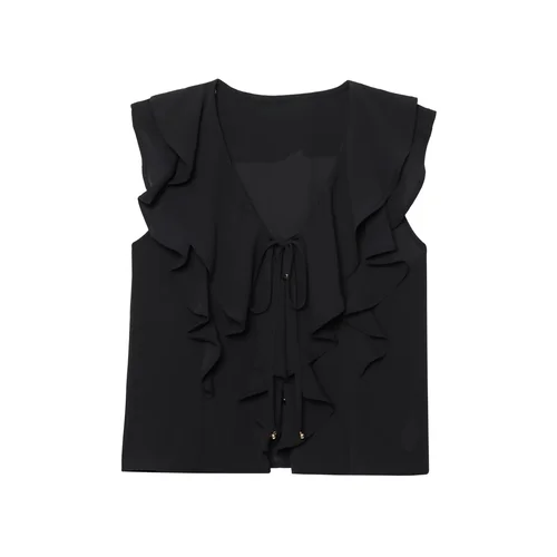 Imagen 2 del producto 2025RARA, novedad de verano, camisa informal a la moda con capas decorativas sin mangas con cuello en V y pantalones de falda de cintura media a la moda