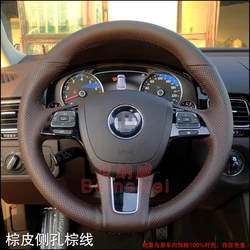 Hand-stitched brown Genuine Leather non-slip car steering wheel cover 100% Fit For Volkswagen VW Touareg 2011-2023 Auto Parts