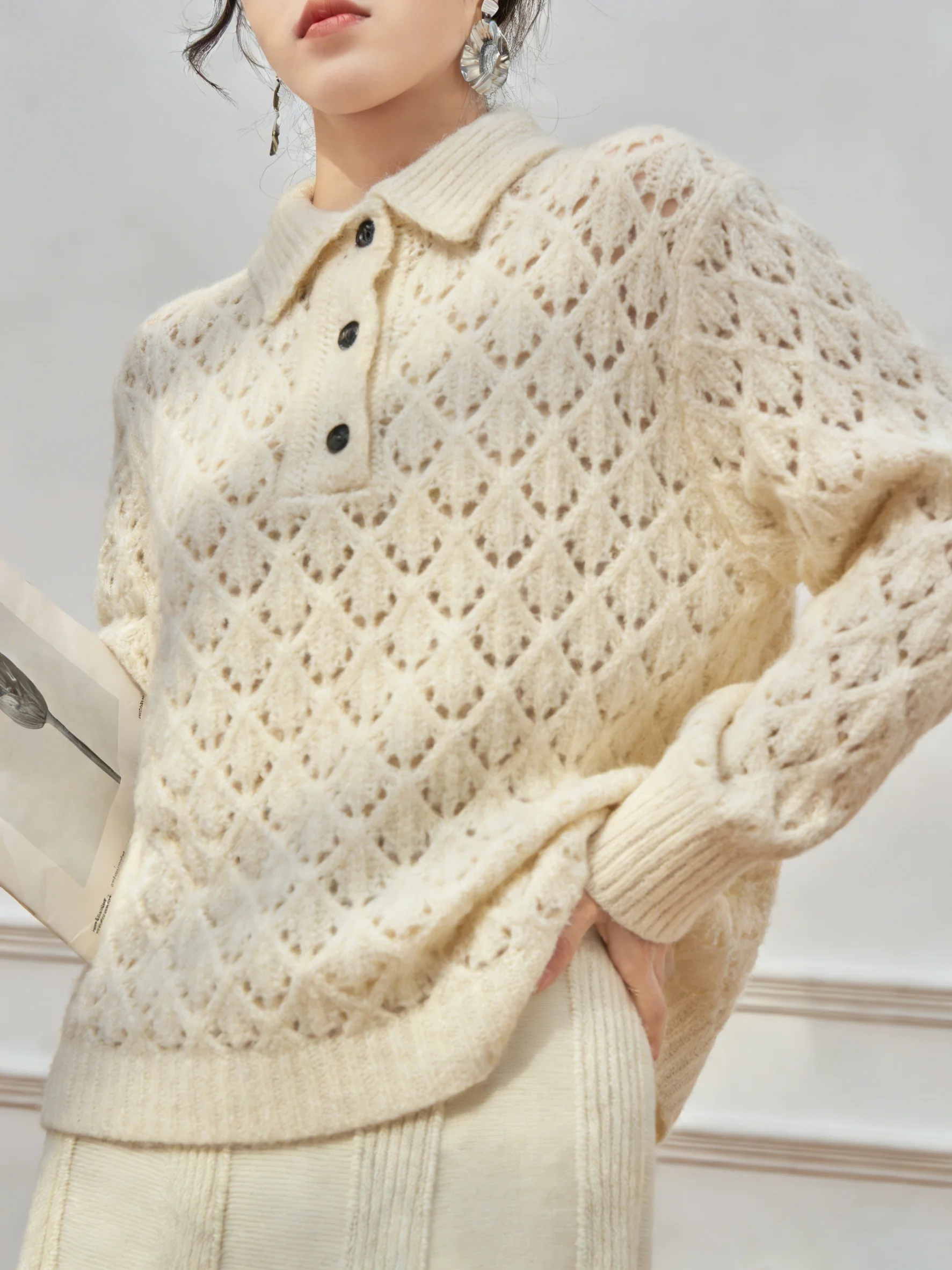 

White Knitted Ne Sweater Hollow out Design Casual Sle Women's Inner Wear Spring Top Ele Lady Commute Faion