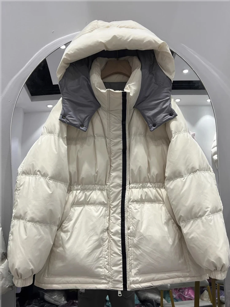 Women Hooded Waist Cincined Thickened Color Contrasting White Duck Down Warm Coat 2025 Winter New Medium length Down Jacket