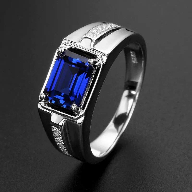 New Arrival Men Ring Crystal Green Blue Rectangle Finger Accessories Fashion 925 Sterling Silver Ring Male Jewelry