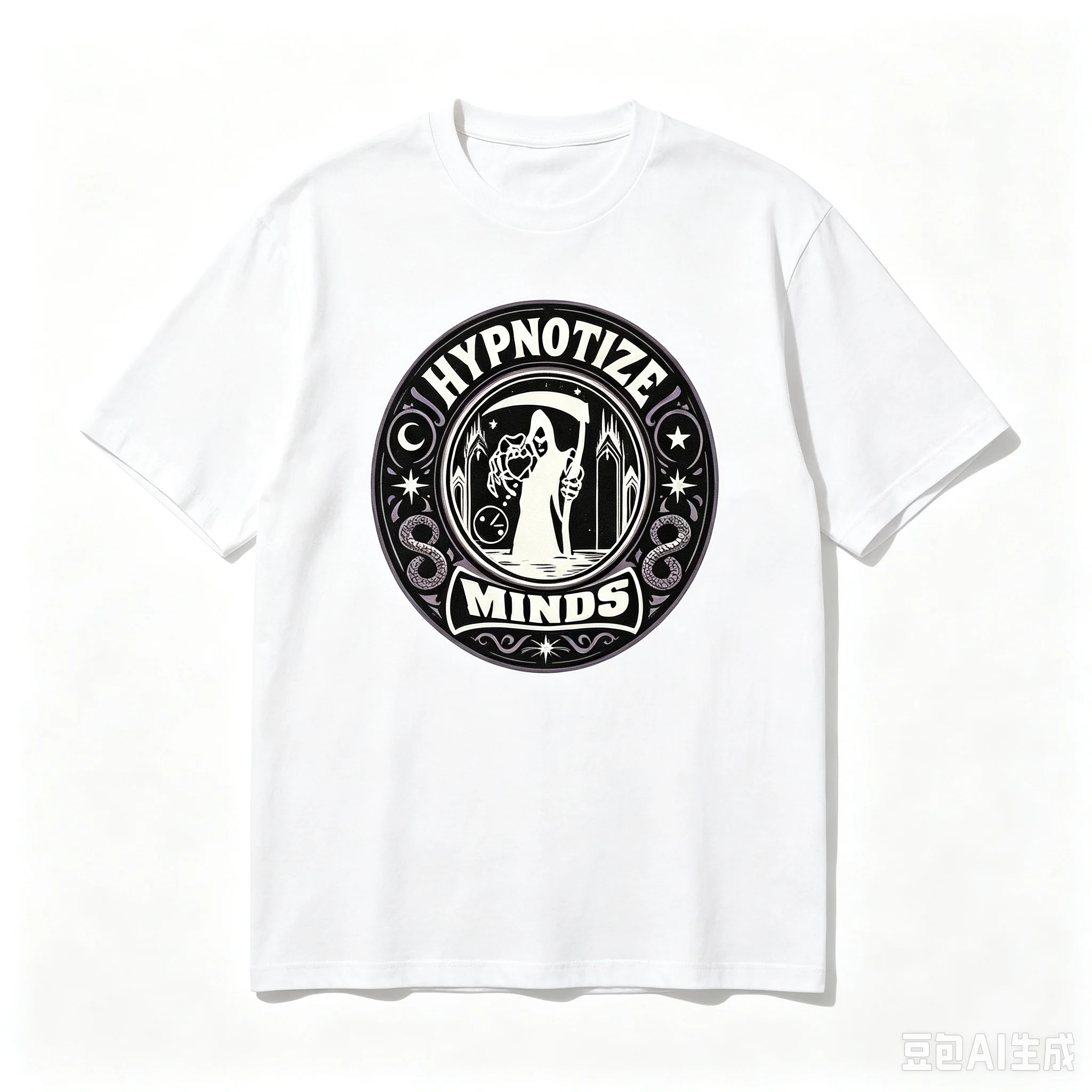 Dark Gothic Graphic Tee Men Hypnotize Minds Mystical Reaper Badge Print Casual Loose Daily Wear Short Sleeve T‑Shirt