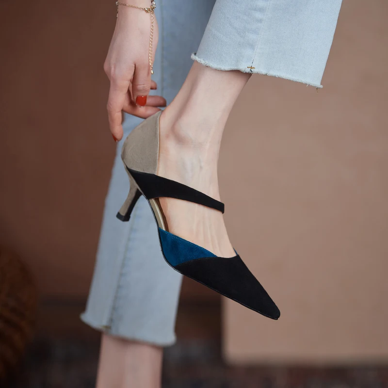 2026new summer women sandals natural leather 22-24.5cm kid suede+pigskin+sheepskin pointed toe mixed color high heel women shoes view 5