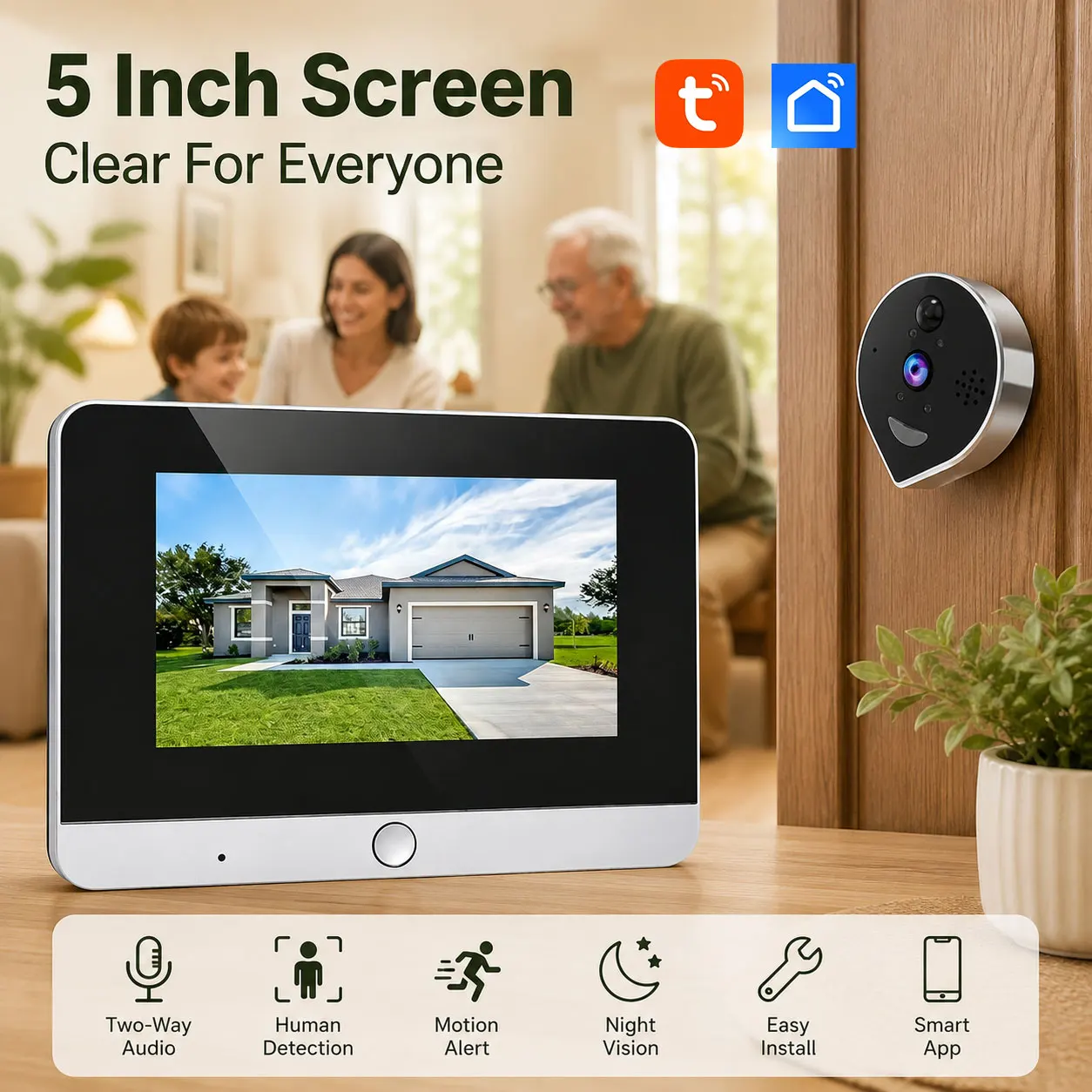 Tuya Mini Peephole Viewer 5MP 5 Inch Screen Digital Wifi 940nm Ir Microwave Radar Equipped with Motion Detection Door Camera