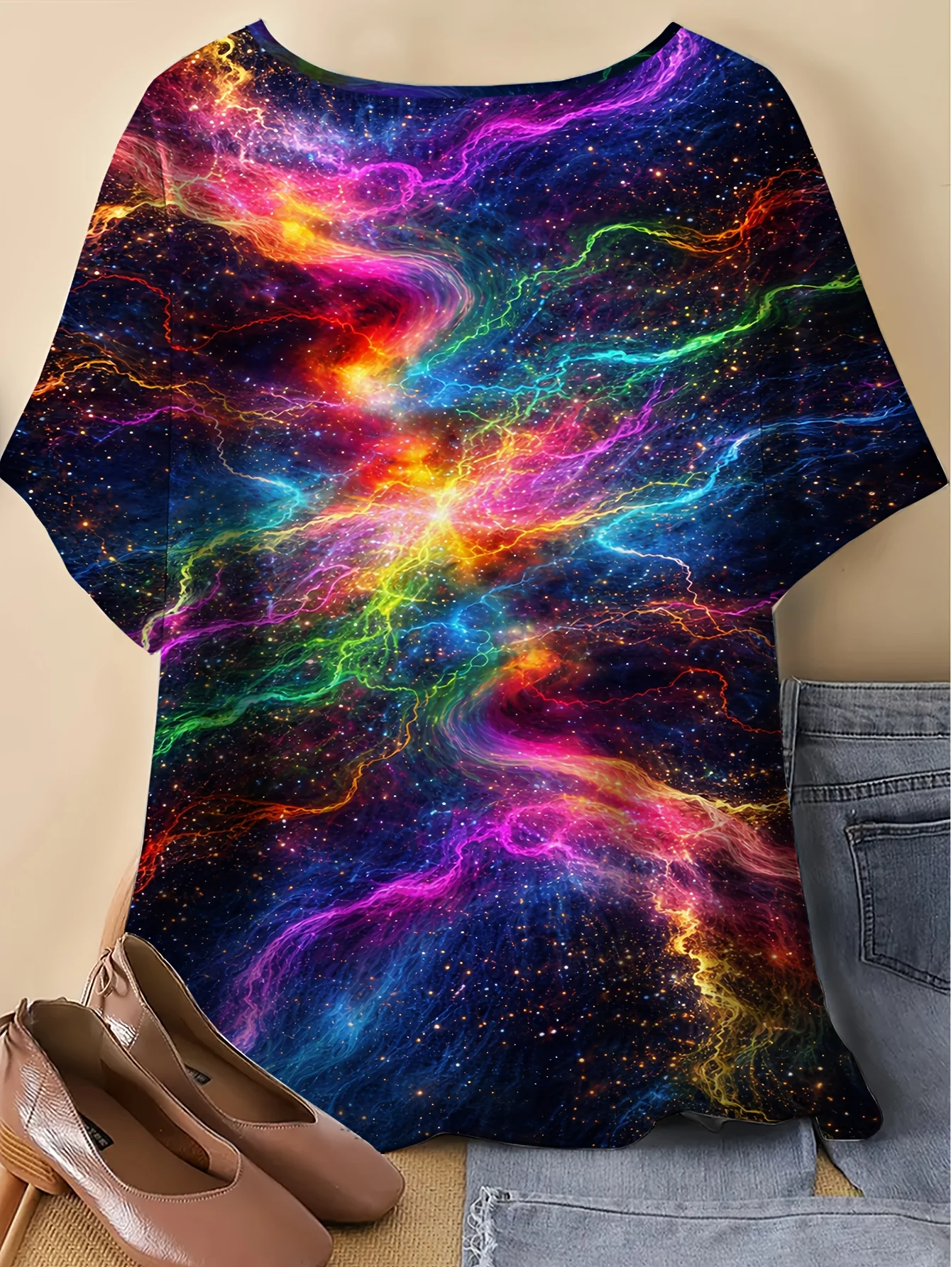 Women Loose Short Sleeve T‑Shirt Colorful Rainbow Galaxy Nebula Space All‑Over Print Crew Neck Casual Summer Tops