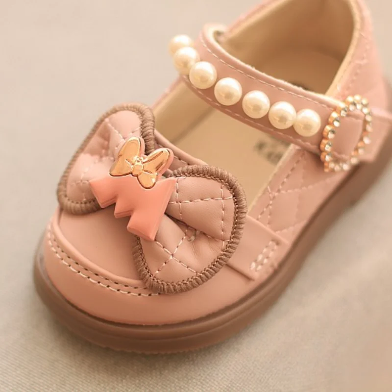 Autumn Baby Girls Cute Bow Leather Shoes 2024 Spring Pearl Bow Princess Shoes Soft Children Baby Toddler Single Shoes