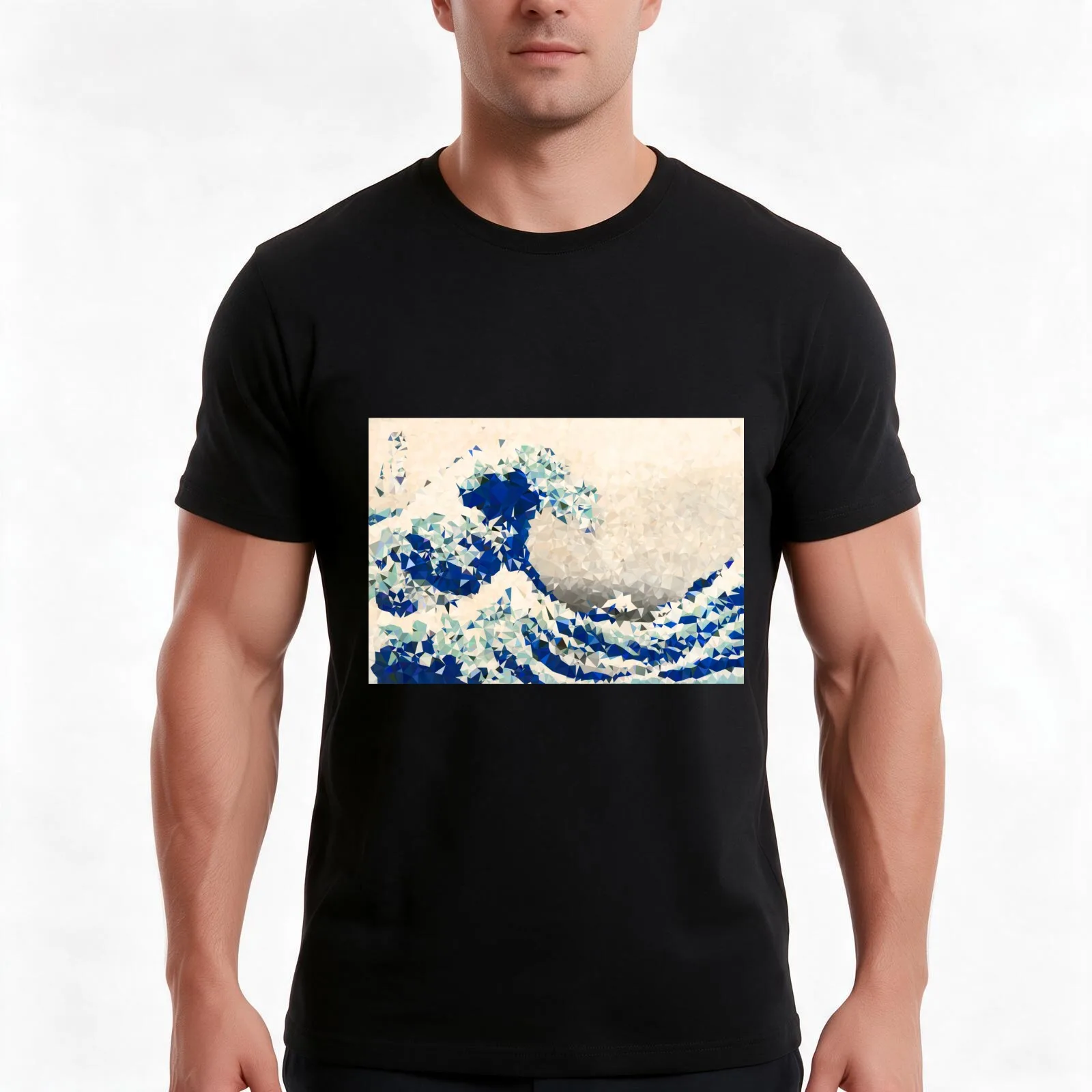 Great Wave Off Kanagawa Hokusai Triangles T-Shirt, Summer Casual Cotton Tee, Oversized Streetwear Tops, Vintage Graphic Print