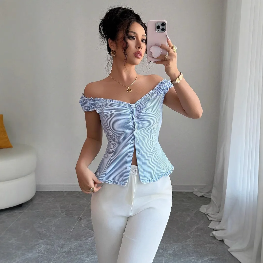 Blusa Feminina Listrada Verão 2026 com Babados Sem Mangas Estilo Doce, Camisa Decote V com Gola de Renda, Conjuntos Y2K