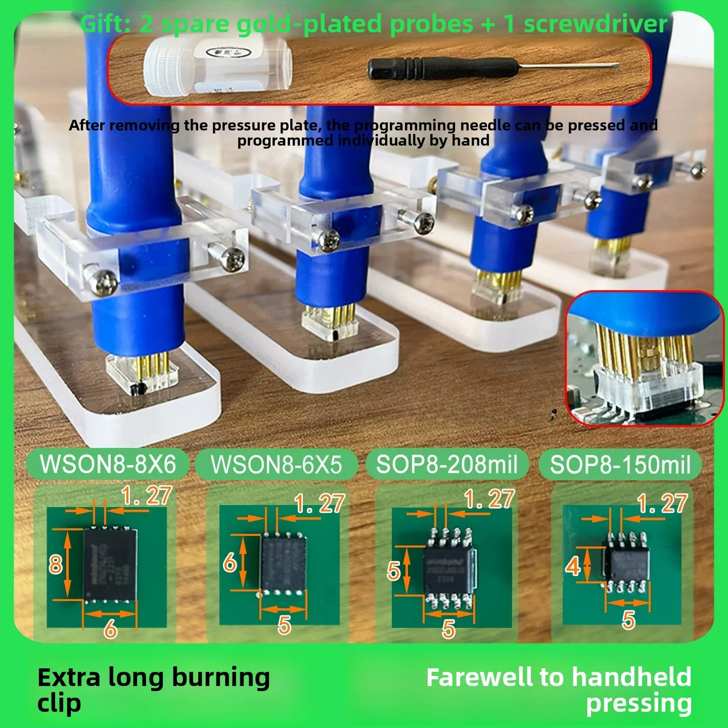 Spring Clip Loaded Probe for SOP8/SOIC/WSON – Hands-Free Solderless Programming Test Pins for EEPROM/Flash IC