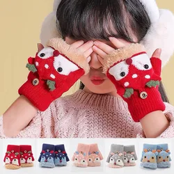 4-12 Years Children Gloves Winter Girls Knitted Half Finger Flip Gloves Plush Thick Warm Cartoon Boy Christmas Deer Kids Mittens