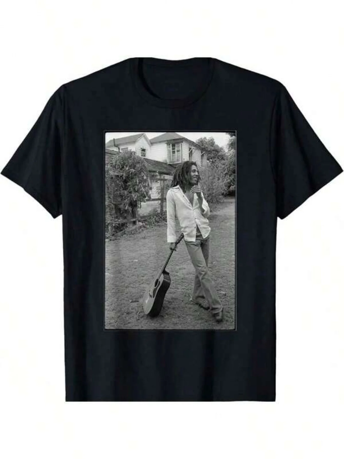 Camiseta Bob Marley x David Burnett com estampa de guitarra em preto e branco, gola redonda - Camiseta de algodão puro para casal, camiseta vintage.