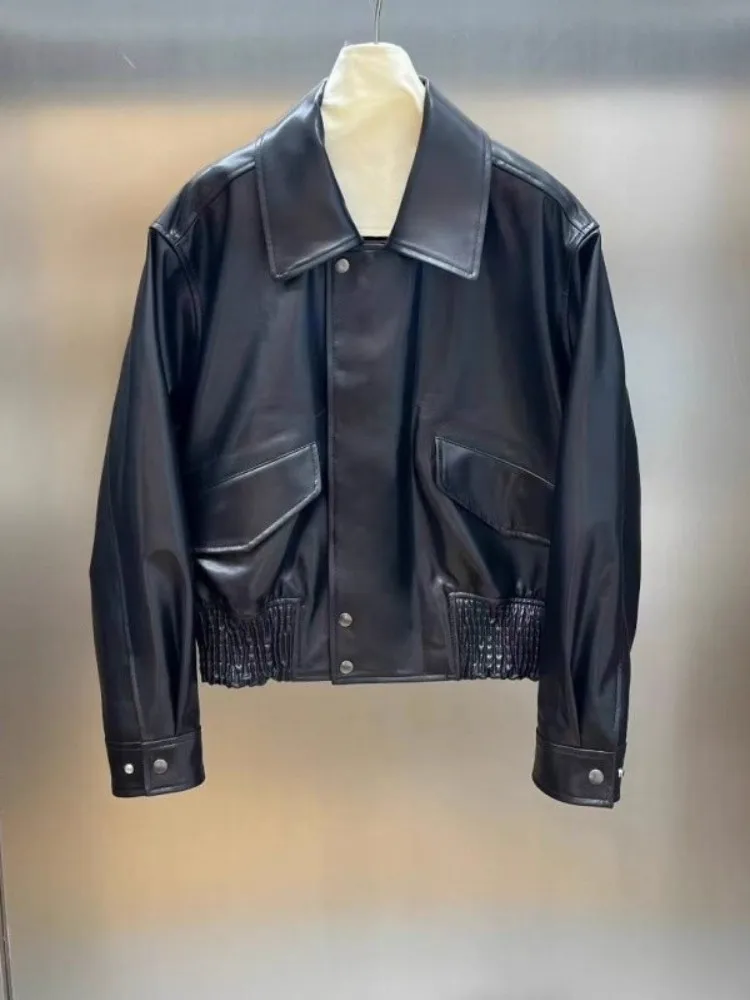 Women Casual Genuine Leather Short Jacket Loose Fit Streetwear Single Breasted High Quality Natural Sheepskin Motorcycle Coat