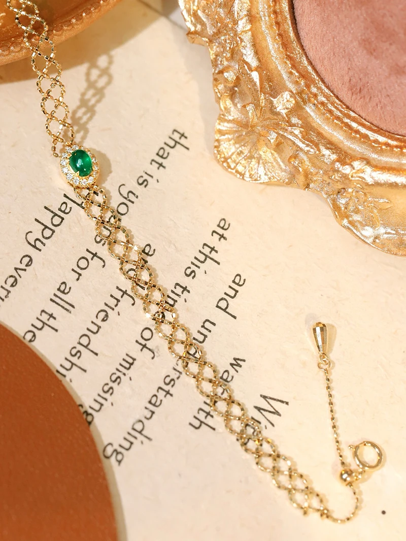 KUGG 100% 18K Yellow Gold Bracelet Vintage Elegant Style Shiny Diamond Natural Emerald Bracelet for Women High Party Jewelry