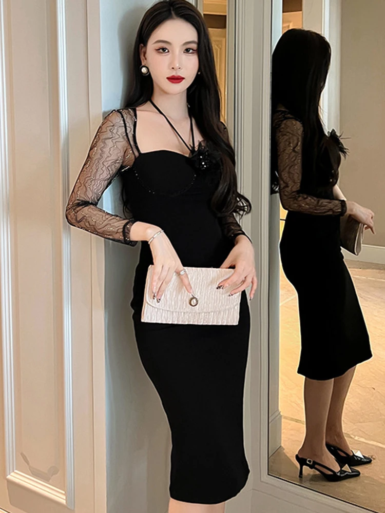 Spring Midi Dresses for Women 2023 Sexy See Throngh Mesh Black Dress Flower Bandage Halter Bodycon Slit Robe Party Club Vestidos