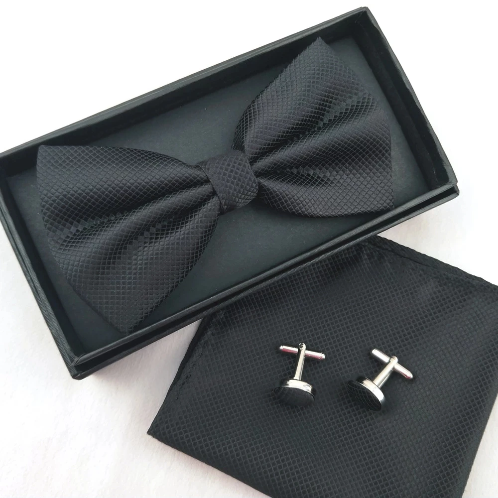 3Pcs Bow ชุด Cufflinks พ็อกเก็ตสแควร์ Burgundy Bowtie สำหรับ Man งานแต่งงาน Office เสื้ออุปกรณ์เสริมสีทึบโบว์ผีเสื้อ