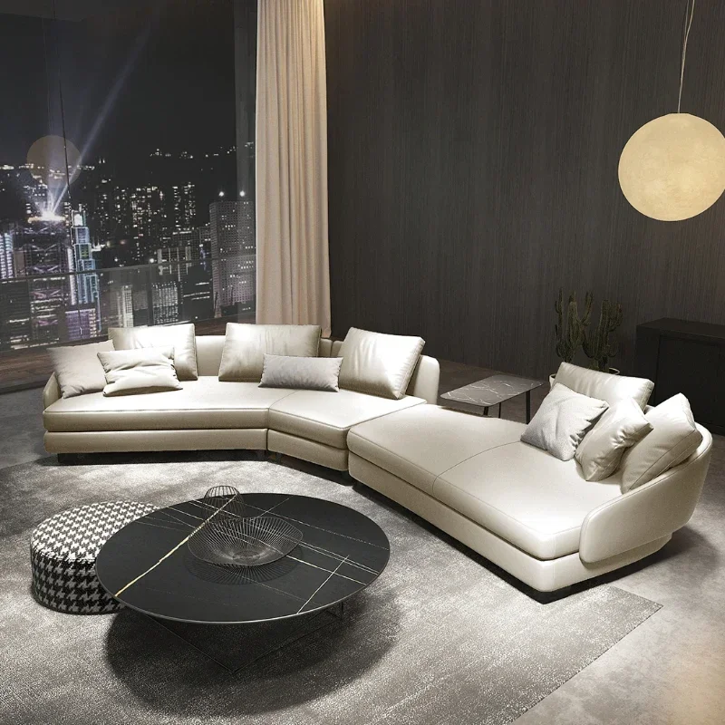 Designer Curved Leather Sofa Italian Cowhide Light Luxury Brands High-End