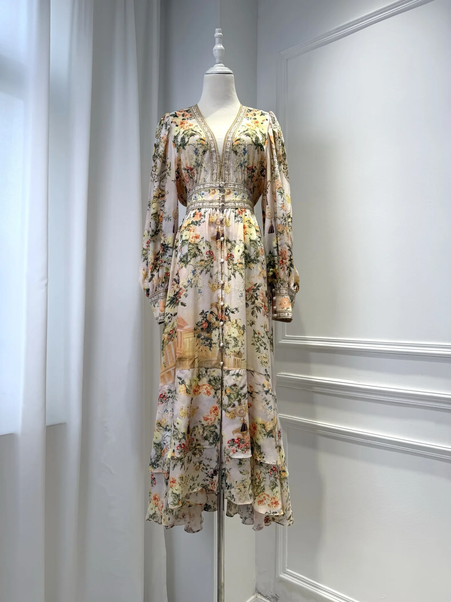 Ruffled Layered Women 100% Silk Maxi Dress Crystal Beaded Floral Print V-Neck Long Sleeve Elastic Waist Fashion Ladies Robe