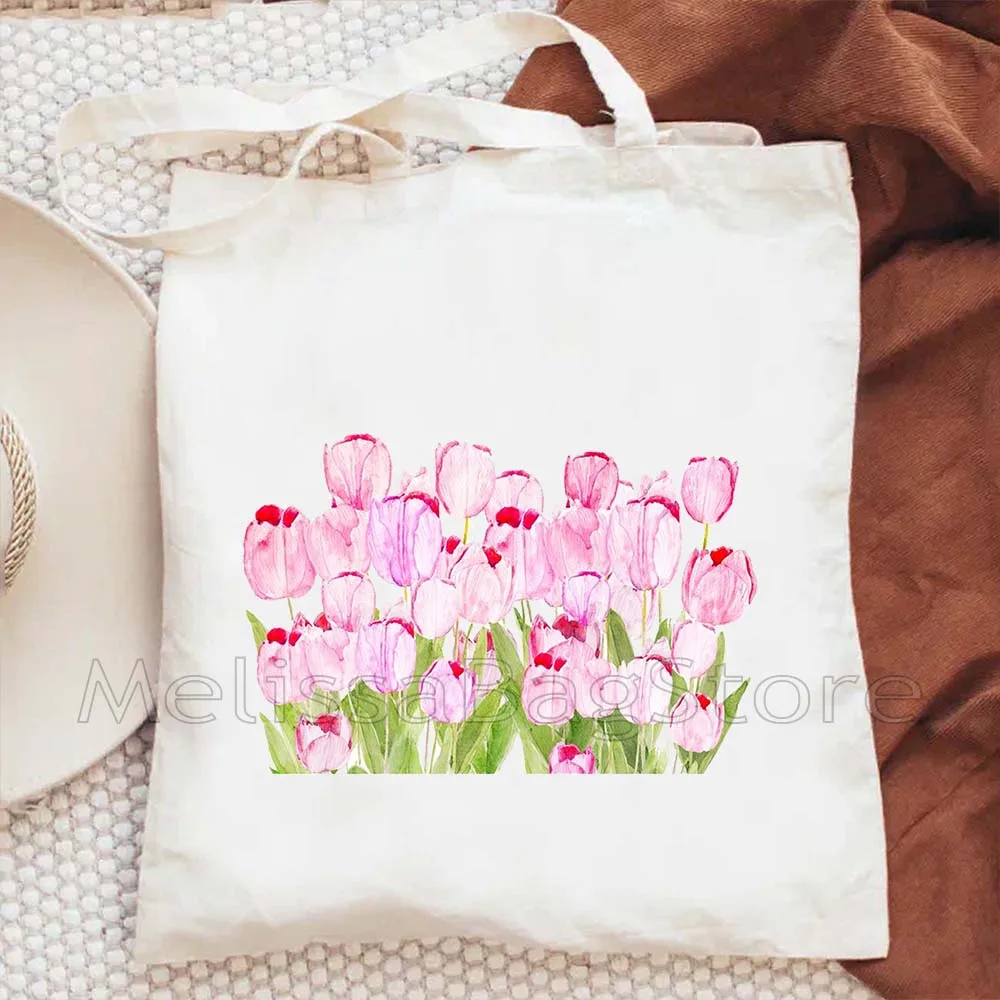 Watercolor Hand Painted Wildflowers Cactus Plants Tulips Cosmos Flowers Rose Camellia Daffodils Lavender Canvas Tote Bag Handbag