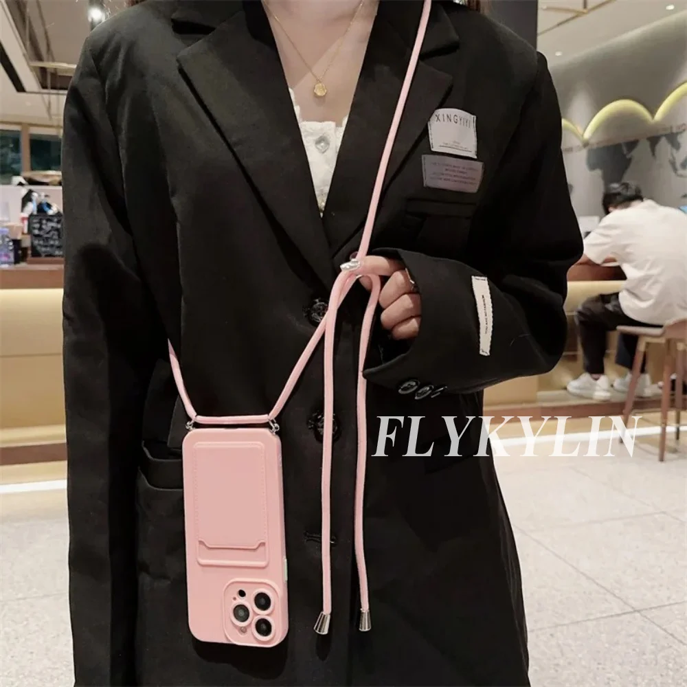 Corda plana cor sólida saco de cartão caso do telefone para xiaomi 15t pro para xiaomi 15t pendurado corda silicone macio